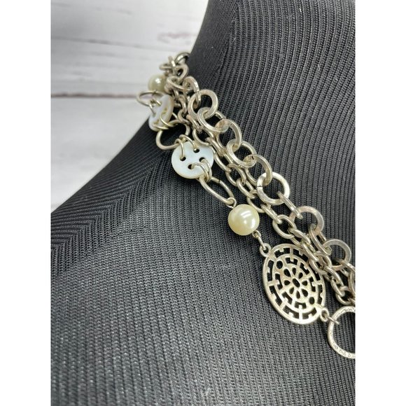 Beautiful Multi Layered Silver Metal Chain Round Pearl Button Necklace - Picture 7 of 8